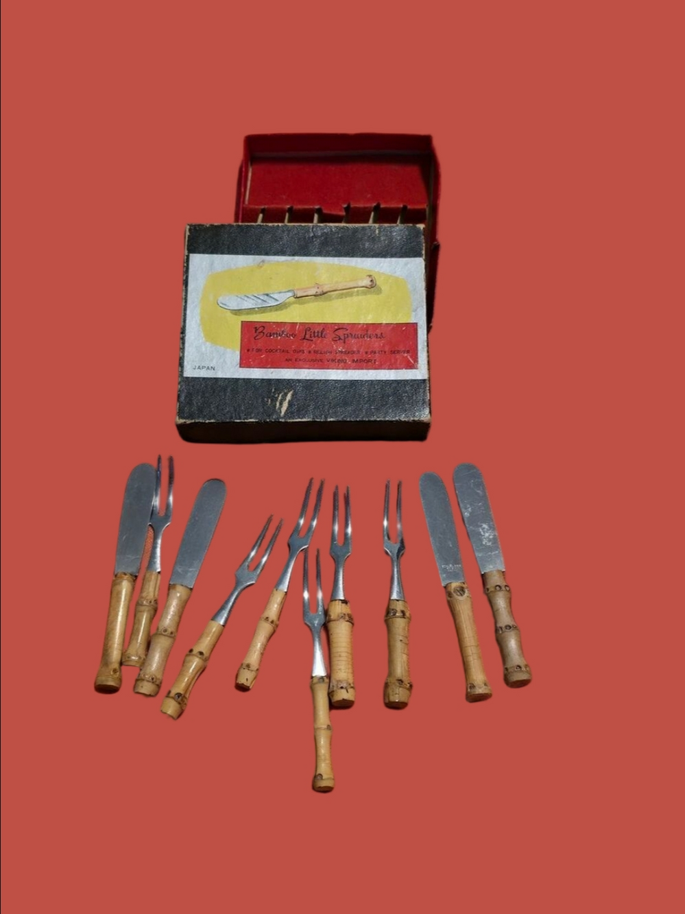 4/$25 Deal! Vintage Bamboo Handle Cocktail Server Fork and Knife Set - Small